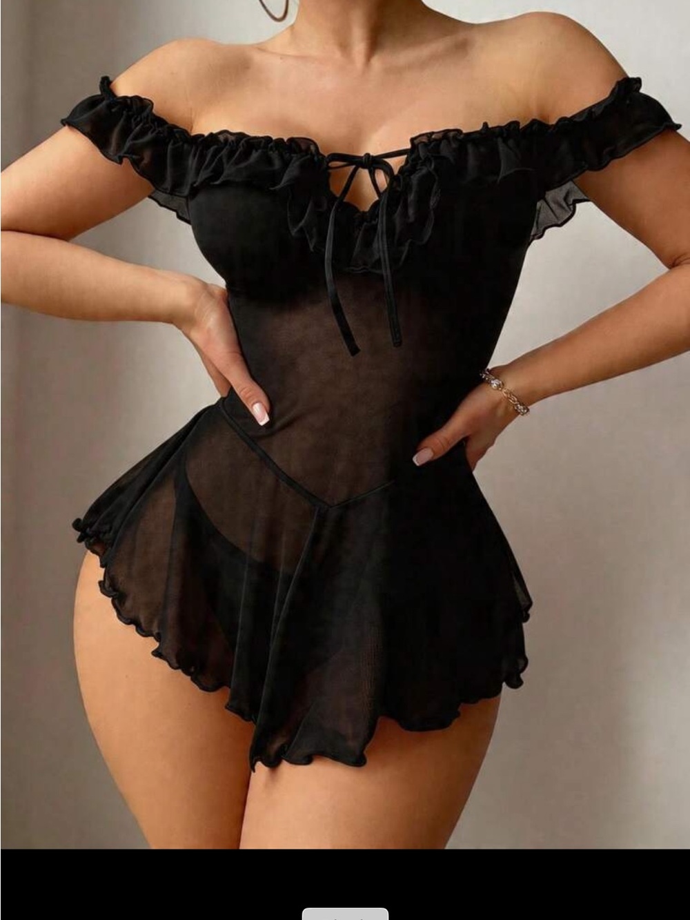 Sheer Off-Shoulder Black Babydoll Chemise